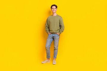 Fototapeta na wymiar Full length photo of cheerful glad man wear comfort fashionable khaki outfit promoting new collection isolated on yellow color background