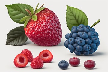  a raspberry, blueberry, and raspberry on a white background with leaves and berries on the bottom of the image.  generative ai