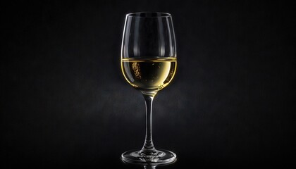  a glass of white wine on a black background with a reflection of the wine in the wine glass and the wine bottle in the glass.  generative ai