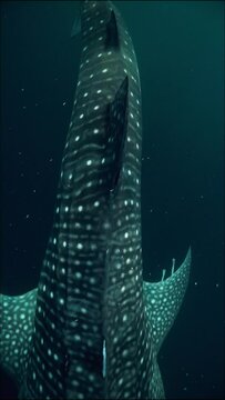 Slow Motion Shot Of Large Patterned Whale Shark Swimming With Pups In Tranquil Sea - Lombok, Indonesia