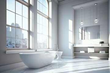 Naklejka na ściany i meble a bathroom with a tub, sink, and large window with city view in the background and sunlight coming through the windows onto the floor. generative ai