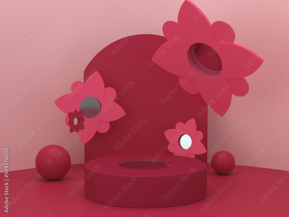 Poster minimal scene with podium and abstract background. flowers shapes. magenta scene. minimal 3d renderi