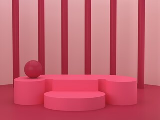 Minimal scene with podium and abstract background. Geometric shapes. Magenta scene. Minimal 3d rendering. Scene with geometrical forms and textured background for cosmetic product. 3d render. 
