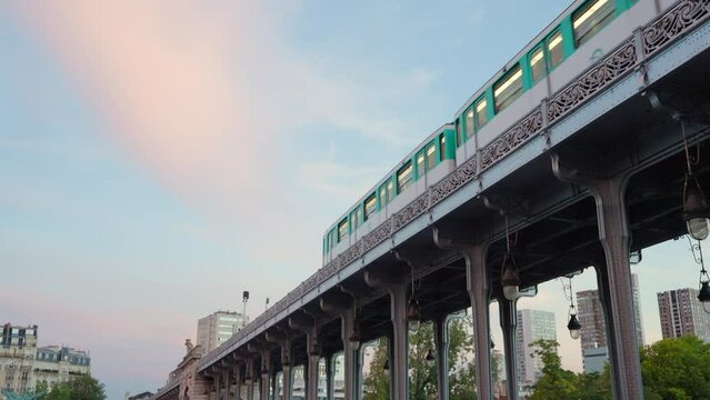 Moving subway train on the street in Paris