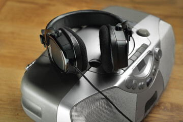 stereo earphones on old radio