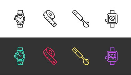 Set line Wrist watch, Measuring tape, spoon and Smart on black and white. Vector