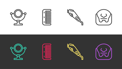 Set line Round makeup mirror, Hairbrush, Electrical hair clipper and Mustache and beard on black and white. Vector