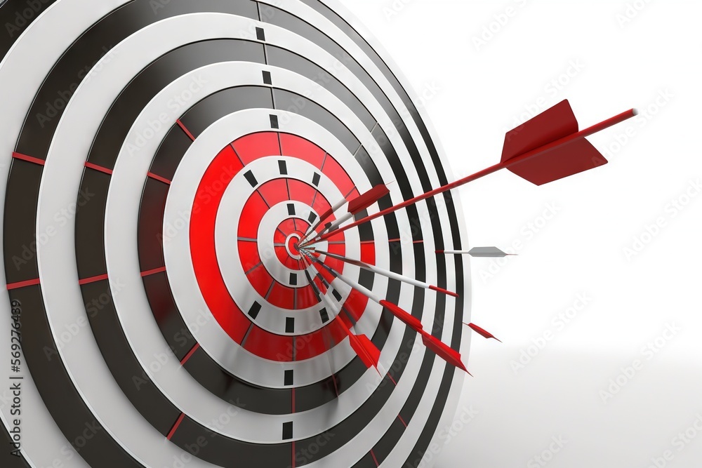 Poster a red and black dart hitting in the center of a bulls eye target with a white background and a red a