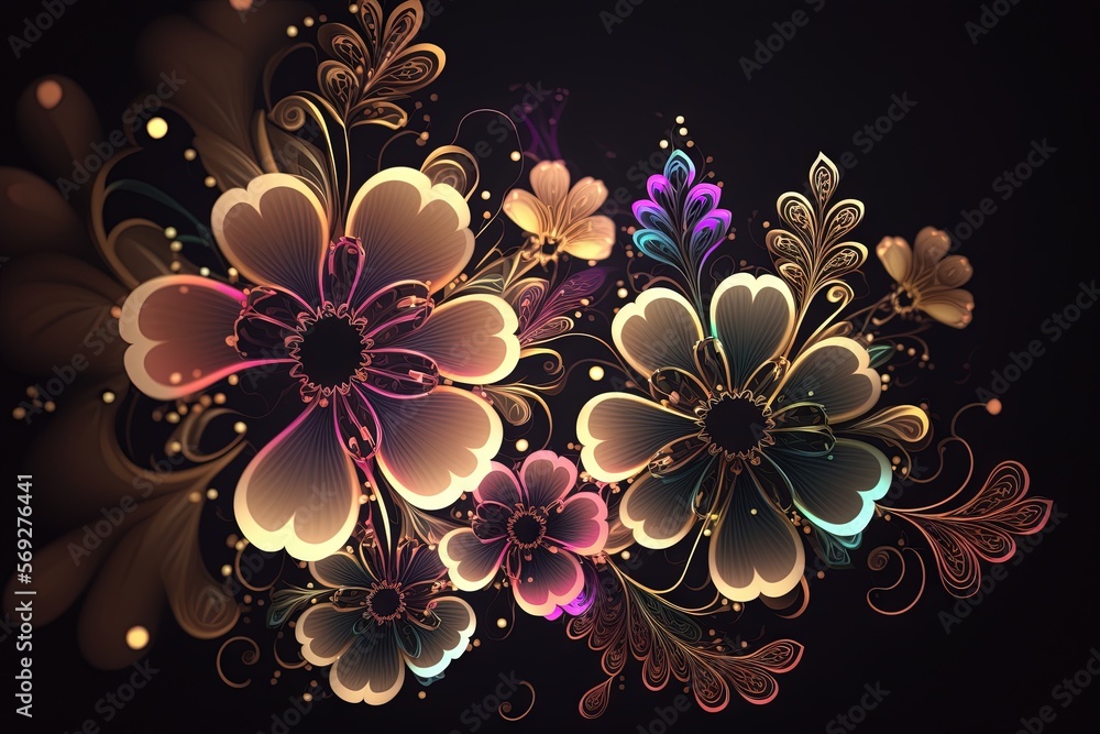Poster a bunch of flowers that are on a black background with a black background and a black background wit