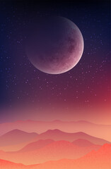 Naklejka na ściany i meble Landscape red sunset. Vector illustration of an abstract landscape with a red sunset, bright moon and stars. Sketch for creativity