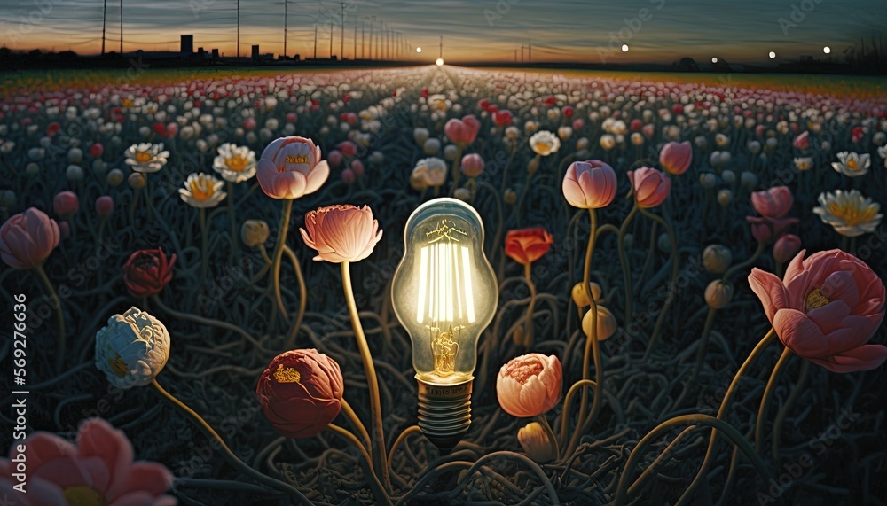 Poster a painting of a light bulb in a field of flowers with the sun setting in the distance and a field of