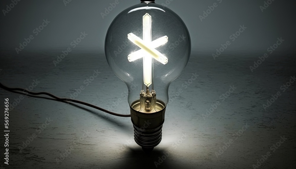 Poster a light bulb with a cross inside of it on a dark surface with a wire coming out of the bulb and a li