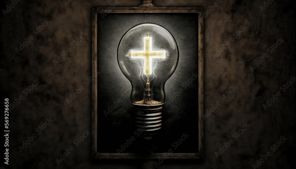 Poster a light bulb with a cross inside of it in a dark room with a framed picture of a cross on the wall b