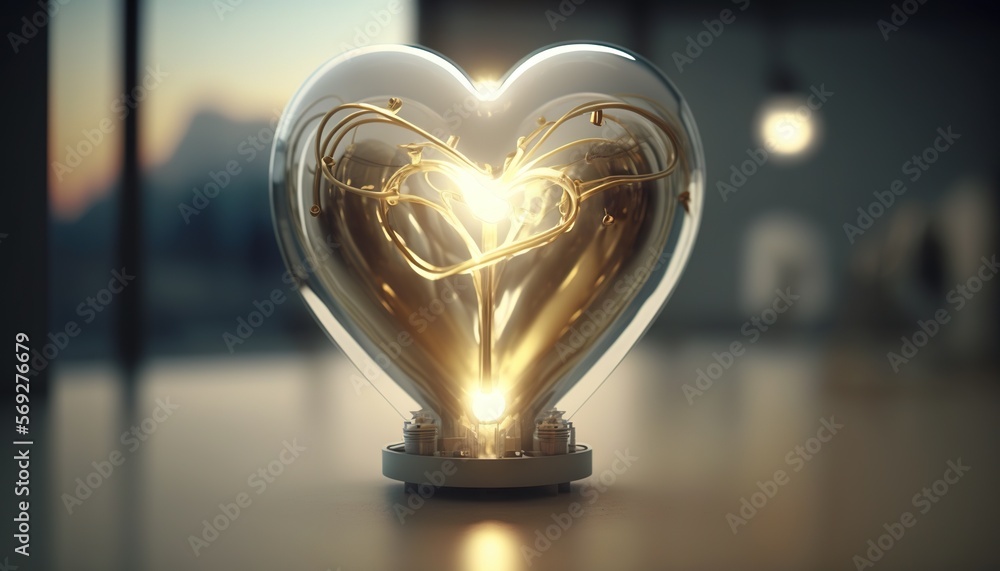 Poster a glass heart shaped object with a light shining inside of it on a table in front of a window with a