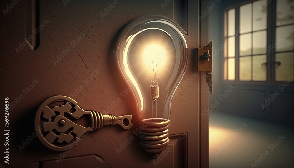 Poster a light bulb that is on the side of a door with a key on it and a keyhole on the side of the door. g