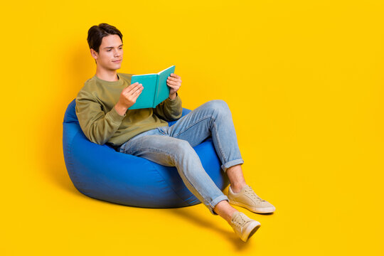 Full length portrait of intelligent peaceful person sit cozy bag read book isolated on yellow color background