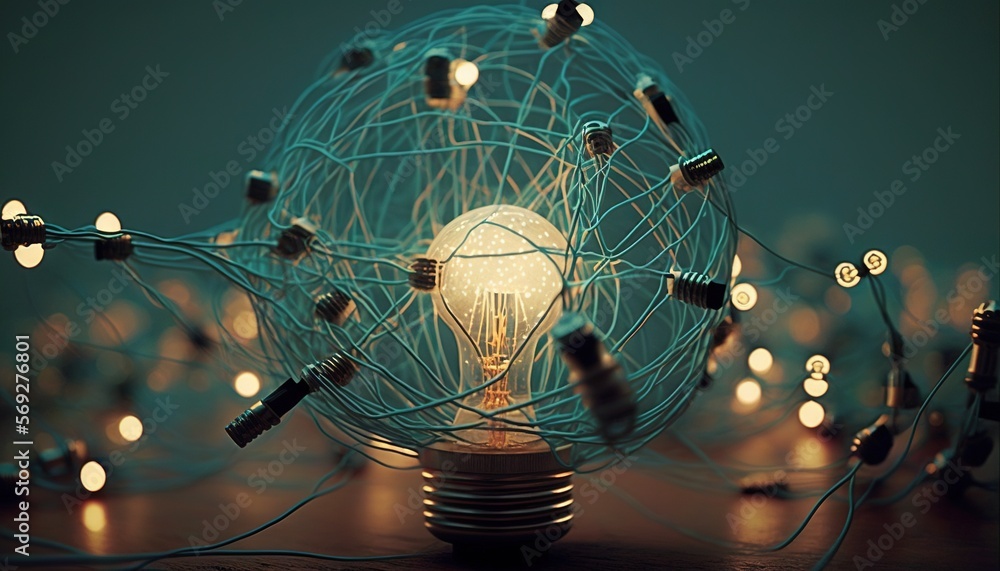 Poster a light bulb surrounded by many wires and lights on a table with a green background and a blue light