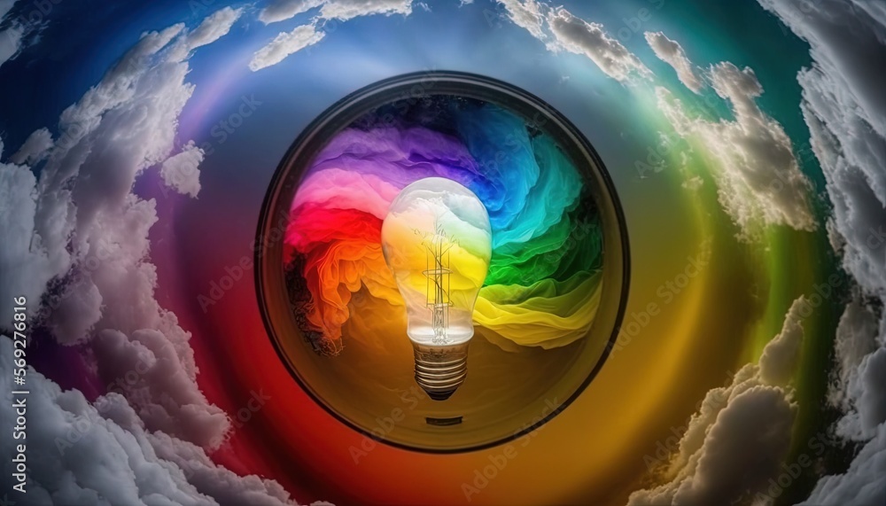 Poster a light bulb with a multicolored swirl inside of it on a cloudy sky with white clouds and a rainbow 
