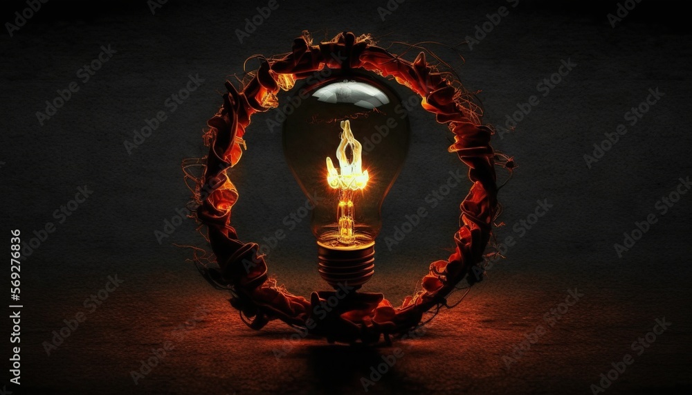 Poster a light bulb with a flame inside of it on a black background with a red circle around the light bulb
