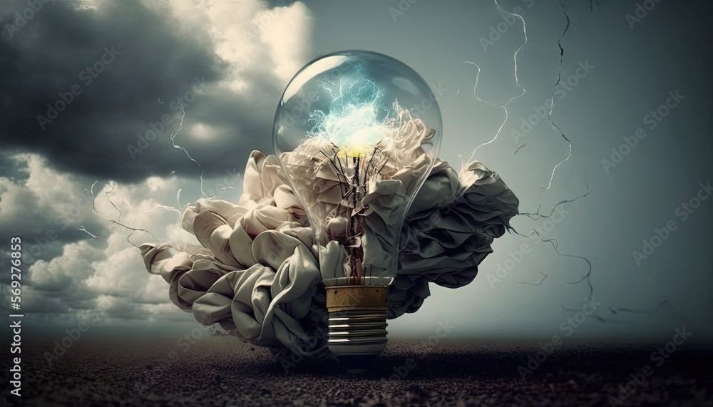 Poster a light bulb with a light bulb inside of it on top of a dirt ground with clouds in the background an