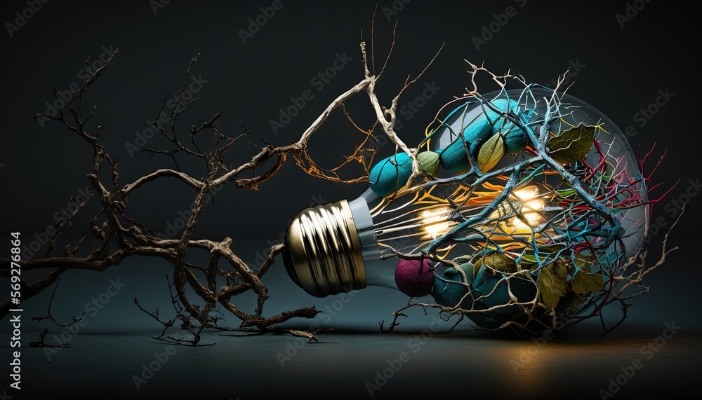 Poster a light bulb that has been turned into a tree branch with branches growing out of it and a light bul
