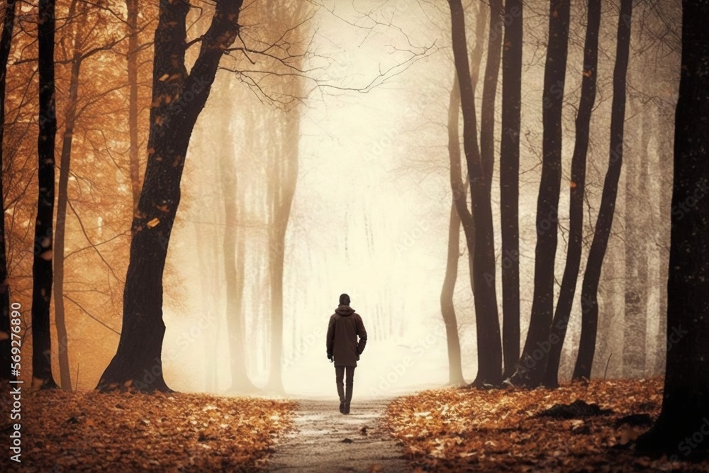 Poster a person walking down a path in a forest in the fall with leaves on the ground and trees in the fore