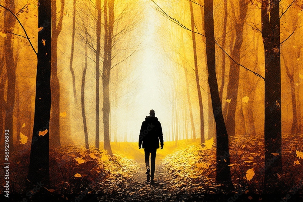 Poster a person walking down a path in a forest with yellow light coming through the trees and leaves on th