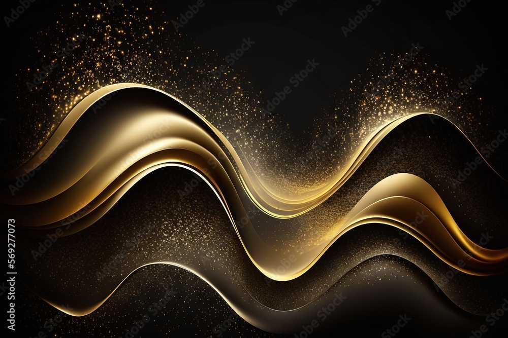 Poster a gold wave with glitters on a black background with a black background and a gold glitter wave on t