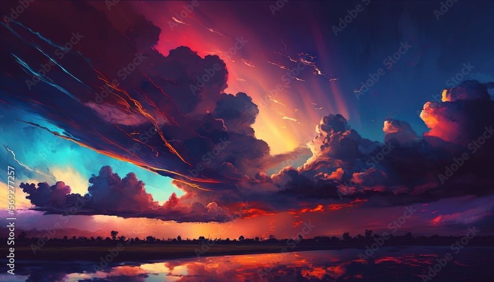Aufkleber a painting of a colorful sky with clouds and a lake in the foreground with a reflection of the sky i