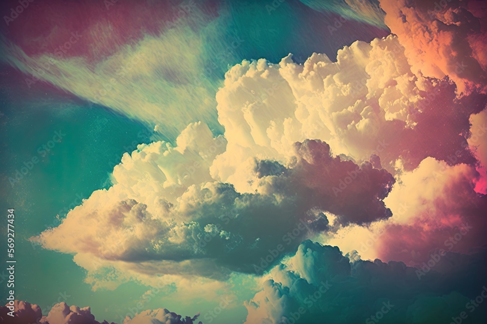 Poster a colorful sky filled with clouds and a plane flying in the sky above it with the sun shining throug