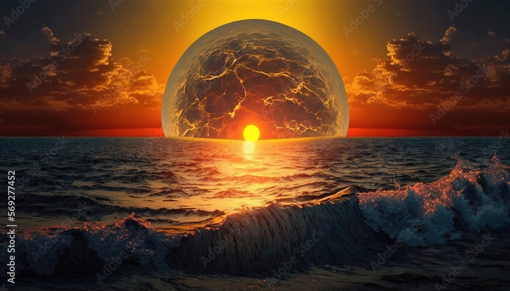 Poster a picture of a sunset over the ocean with a large ball of light in the middle of the picture and a w