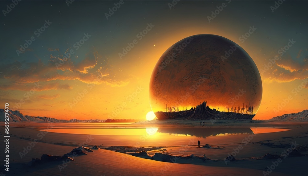 Poster a painting of a giant object in the middle of a snowy landscape with a person standing in front of i
