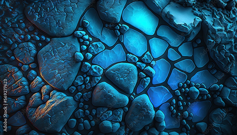 Poster a close up of rocks and water with a blue light in the middle of it and a black background with a re