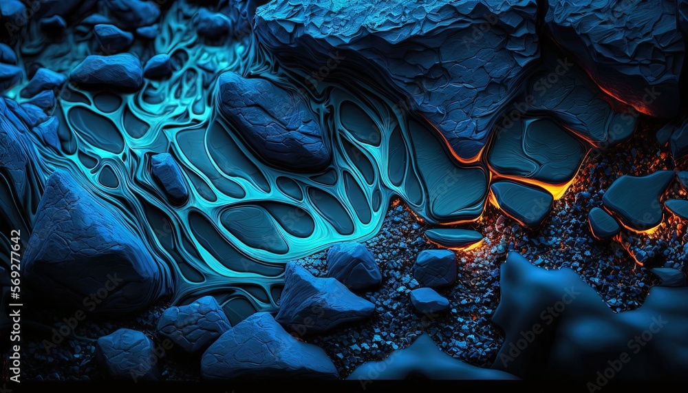 Canvas Prints a close up of rocks and water with a blue glow in the middle of the image and a black background wit