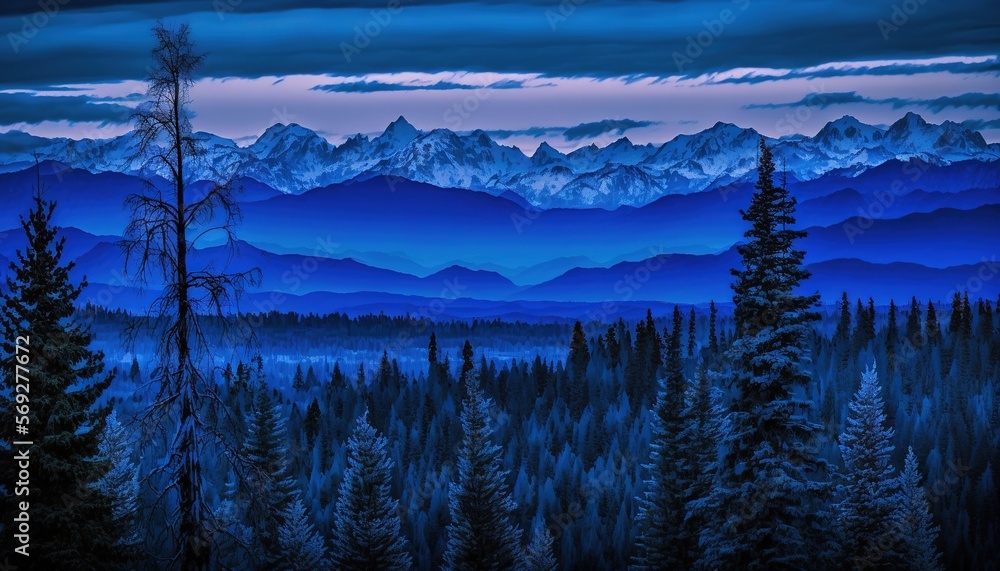 Poster a painting of a mountain range with trees in the foreground and a blue sky in the background with cl