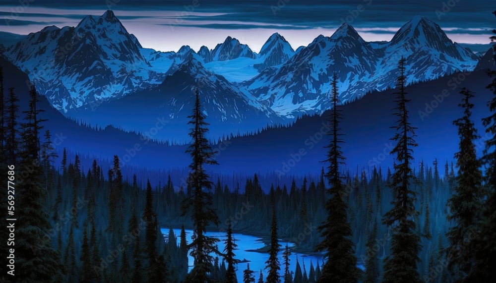 Poster a painting of a mountain range with a lake in the foreground and pine trees in the foreground, and a
