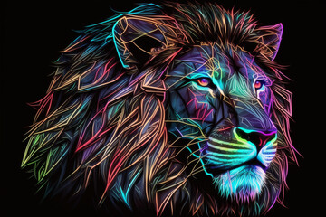 Geometric cyberdelic lion head neon effect glowing with the face in a polygon abstract pattern, Generative AI.