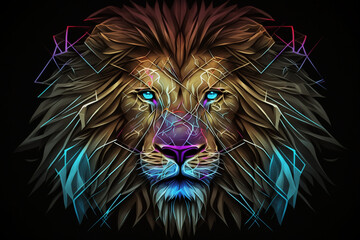 Geometric cyberdelic lion head neon effect glowing with the face in a polygon abstract pattern, Generative AI.
