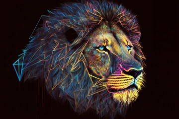 Geometric cyberdelic lion head neon effect glowing with the face in a polygon abstract pattern, Generative AI.