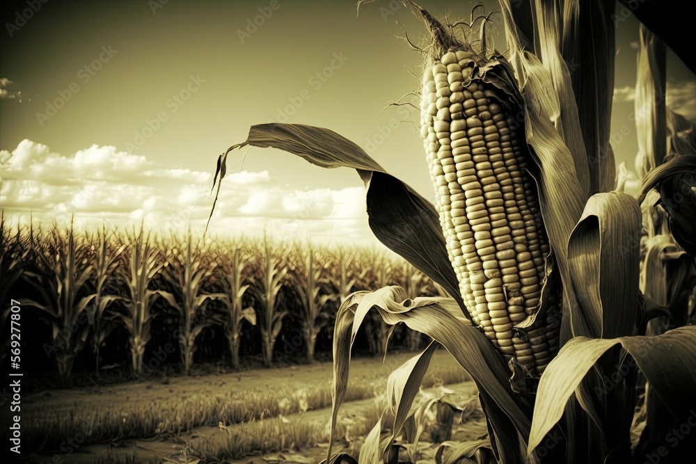 Aufkleber a black and white photo of a corn cob in a cornfield with a sky background and clouds in the distanc