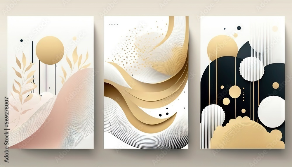 Poster a set of three abstract banners with gold and white shapes and lines on a white background with a bl
