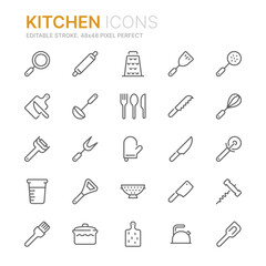 Collection of kitchen utensils related outline icons. 48x48 Pixel Perfect. Editable stroke