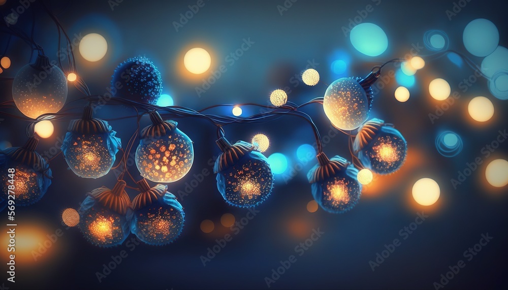 Poster a bunch of lights that are on a branch with some lights in the back of it and a blurry background be