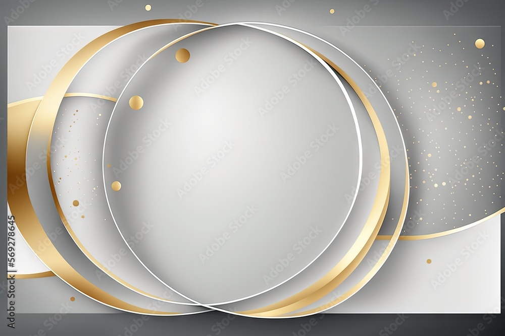 Poster a white and gold abstract background with circles and dots in the middle of the image, with a silver