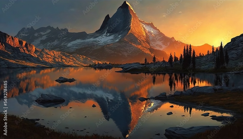 Poster a painting of a mountain with a lake in the foreground and a sunset in the background with a reflect