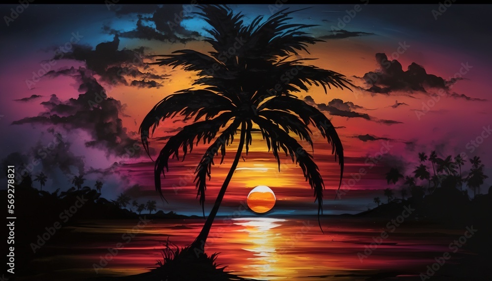 Poster a painting of a sunset with a palm tree in the foreground and a body of water in the foreground with