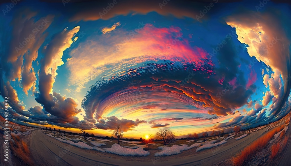Poster a painting of a colorful sky with clouds and a tree in the foreground and a sunset in the background
