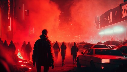  a person standing in front of a fire with a lot of red smoke coming out of the back of the building behind him and a lot of people walking around.  generative ai