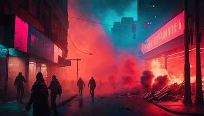  a group of people walking down a street next to a fire hydrant with red smoke coming out of it and a building in the background.  generative ai