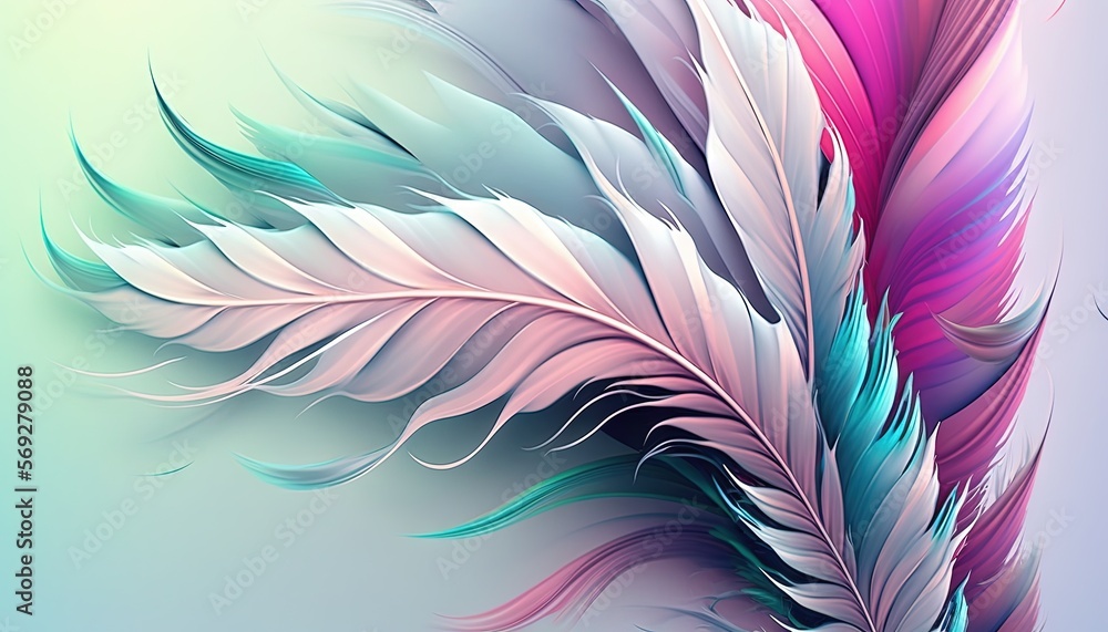 Poster a close up of a colorful feather on a blue and pink background with a white bird on the left side of
